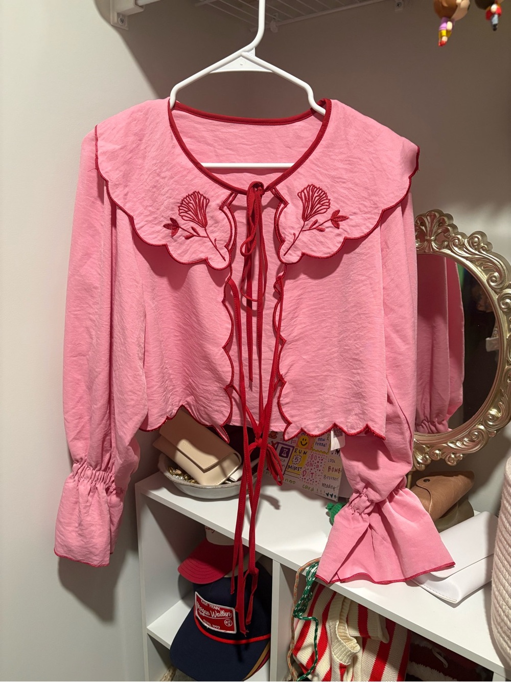 SHEIN Pink Scallop-Edge Embroidered Tie-Front Blouse